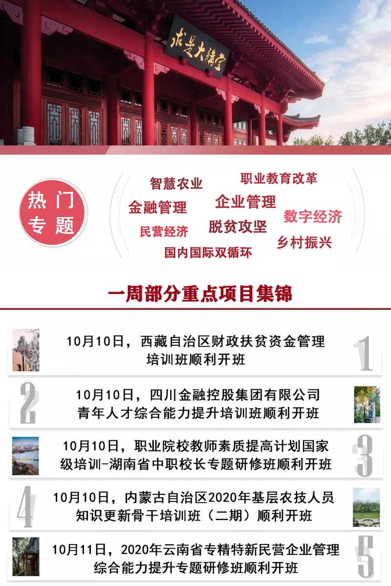 <div> 	<img alt=""  data-cke-saved-src="/images/微信图片_20200930162601(1).jpg" src="/images/微信图片_20200930162601(1).jpg" style="width: 100%; height: 100%;" /></div> <div> 	&nbsp;</div> <div> 	<section data-role="outer" label="Powered by 135editor.com"> 		<section class="_135editor" data-id="98494" data-tools="135编辑器"> 			<section style="margin:10px auto;"> 				<section style="border:2px solid #01458e;box-sizing: border-box;padding:6px;"> 					<section style="background-color: rgb(242, 245, 255); color: rgb(51, 51, 51); padding: 1em 5px; box-sizing: border-box;"> 						<section style="border-left: 6px solid rgb(1, 69, 142); border-right: 6px solid rgb(1, 69, 142); text-align: center; box-sizing: border-box;"> 							<section class="135brush" data-brushtype="text" style="font-size:28px;letter-spacing:2px;color: #3e4148;font-weight: bold;"> 								<div> 									<a  data-cke-saved-href="http://zdpx.zju.edu.cn/jrpx3_1_7749_520.html"><span href="http://zdpx.zju.edu.cn/jrpx3_1_7749_520.html"><span style="font-family:微软雅黑;"><span style="font-size:16px;">浙江大学金融创新与财富管理</span></span></a></div> 								<div> 									<a  data-cke-saved-href="http://zdpx.zju.edu.cn/jrpx3_1_7749_520.html"><span href="http://zdpx.zju.edu.cn/jrpx3_1_7749_520.html"><span style="font-family:微软雅黑;"><span style="font-size:16px;">高级研修班（27期）</span></span></a></div> 							</section> 						</section> 						<section class="assistant" data-width="100%" style="width: 100%; height: 1px; background-color: rgb(1, 69, 142); margin: 1em 0px; overflow: hidden;"> 							&nbsp;</section> 						<section class="135brush" data-autoskip="1" style="padding: 1em 1em 0px; text-align: justify; font-size: 14px; letter-spacing: 1.5px; line-height: 1.75em; box-sizing: border-box;"> 							<div style="text-align: center;"> 								<a  data-cke-saved-href="http://zdpx.zju.edu.cn/jrpx3_1_7749_520.html"><img href="http://zdpx.zju.edu.cn/jrpx3_1_7749_520.html"><img alt="浙江大学金融创新与财富管理高级研修班（27期）"  data-cke-saved-src="http://zdpx.zju.edu.cn/images/20200921142338_16832.png" src="http://zdpx.zju.edu.cn/images/20200921142338_16832.png" style="text-align: justify; height: 100%; width: 100%;" /></a></div> 							<div> 								&nbsp;</div> 							<div> 								<span style="font-family: 微软雅黑;">&nbsp; &nbsp;</span><span style="font-family:微软雅黑;"><span style="font-size:14px;">&nbsp; &nbsp;<span style="margin: 0px; padding: 0px; max-width: 100%; letter-spacing: 0.544px; caret-color: rgb(51, 51, 51); text-indent: 34px; box-sizing: border-box !important; overflow-wrap: break-word !important;">9月19日，浙江大学金融创新与财富管理高级研修班（27期）顺利开班。杭州美卓自动化技术有限公司董事长项美芝作为第25期老学员代表，向学弟学妹们分享了自己的学习感悟。该研修项目学制1年，在学习期间学院将围绕宏观经济与金融创新、投融资实务、互联网金融、财富管理等模块安排课堂教学，并组织海内外金融机构和知名企业考察之旅，为学员提供和金融机构高管、实战专家进行面对面交流与合作的机会，旨在培育一批具有全球化视野、丰富实战经验的高精尖金融管理通才和未来领导者。</span></span></span></div> 						</section> 					</section> 				</section> 			</section> 		</section> 		<section class="_135editor" data-role="paragraph"> 			<div> 				&nbsp;</div> 		</section> 	</section> </div> <div> 	<section data-role="outer" label="Powered by 135editor.com"> 		<section class="_135editor" data-id="98494" data-tools="135编辑器"> 			<section style="margin:10px auto;"> 				<section style="border:2px solid #01458e;box-sizing: border-box;padding:6px;"> 					<section style="background-color: rgb(242, 245, 255); color: rgb(51, 51, 51); padding: 1em 5px; box-sizing: border-box;"> 						<section style="border-left: 6px solid rgb(1, 69, 142); border-right: 6px solid rgb(1, 69, 142); text-align: center; box-sizing: border-box;"> 							<section class="135brush" data-brushtype="text" style="font-size:28px;letter-spacing:2px;color: #3e4148;font-weight: bold;"> 								<div> 									<a  data-cke-saved-href="http://zdpx.zju.edu.cn/news1_7720_300.html"><span href="http://zdpx.zju.edu.cn/news1_7720_300.html"><span style="font-family:微软雅黑;"><span style="font-size:16px;">能源高质量发展重大问题专题研讨班</span></span></a></div> 							</section> 						</section> 						<section class="assistant" data-width="100%" style="width: 100%; height: 1px; background-color: rgb(1, 69, 142); margin: 1em 0px; overflow: hidden;"> 							&nbsp;</section> 						<section class="135brush" data-autoskip="1" style="padding: 1em 1em 0px; text-align: justify; font-size: 14px; letter-spacing: 1.5px; line-height: 1.75em; box-sizing: border-box;"> 							<div> 								<a  data-cke-saved-href="http://zdpx.zju.edu.cn/news1_7720_300.html"><img href="http://zdpx.zju.edu.cn/news1_7720_300.html"><img alt="能源高质量发展重大问题专题研讨班"  data-cke-saved-src="http://zdpx.zju.edu.cn/images/20200920214506_14667.jpg" src="http://zdpx.zju.edu.cn/images/20200920214506_14667.jpg" style="height: 100%; width: 100%;" /></a></div> 							<div> 								&nbsp;</div> 							<div> 								<span style="font-family:微软雅黑;"><span style="font-size:14px;">&nbsp; &nbsp; &nbsp;&nbsp;9月20日，能源高质量发展重大问题专题研讨班顺利开班。国家能源局机关党委专职副书记、人事司副司长赵一农，浙江大学继续教育学院院长、党委副书记兼全国干部教育培训浙江大学基地副主任楼锡锦，浙江大学能源工程学院副院长黄群星出席开班式。本次研讨班特邀知名专家解读习近平新时代中国特色社会主义思想，并围绕能源安全、生态产品价值核算与实现等主题进行授课。学习期间，还将前往嘉兴南湖红色教育基地、安吉余村、浙江大学青山湖能源研究基地等地开展现场教学，旨在教育引导青年干部提升党性修养，增强生态文明意识，有效促进青年干部丰富专业知识、提升专业能力、锤炼专业作风、培育专业精神，不断提高适应新时代能源发展要求的能力。</span></span></div> 						</section> 					</section> 				</section> 			</section> 		</section> 		<section class="_135editor" data-role="paragraph"> 			<div> 				&nbsp;</div> 		</section> 	</section> </div> <div> 	<div> 		<section data-role="outer" label="Powered by 135editor.com"> 			<section class="_135editor" data-id="98494" data-tools="135编辑器"> 				<section style="margin:10px auto;"> 					<section style="border:2px solid #01458e;box-sizing: border-box;padding:6px;"> 						<section style="background-color: rgb(242, 245, 255); color: rgb(51, 51, 51); padding: 1em 5px; box-sizing: border-box;"> 							<section style="border-left: 6px solid rgb(1, 69, 142); border-right: 6px solid rgb(1, 69, 142); text-align: center; box-sizing: border-box;"> 								<section class="135brush" data-brushtype="text" style="font-size:28px;letter-spacing:2px;color: #3e4148;font-weight: bold;"> 									<div> 										<a  data-cke-saved-href="http://zdpx.zju.edu.cn/zfpx3_1_7756_421.html"><span href="http://zdpx.zju.edu.cn/zfpx3_1_7756_421.html"><span style="font-family:微软雅黑;"><span style="font-size:16px;">广东省公办本科高校党组织</span></span></a></div> 									<div> 										<a  data-cke-saved-href="http://zdpx.zju.edu.cn/zfpx3_1_7756_421.html"><span href="http://zdpx.zju.edu.cn/zfpx3_1_7756_421.html"><span style="font-family:微软雅黑;"><span style="font-size:16px;">负责人在线示范培训班</span></span></a></div> 								</section> 							</section> 							<section class="assistant" data-width="100%" style="width: 100%; height: 1px; background-color: rgb(1, 69, 142); margin: 1em 0px; overflow: hidden;"> 								&nbsp;</section> 							<section class="135brush" data-autoskip="1" style="padding: 1em 1em 0px; text-align: justify; font-size: 14px; letter-spacing: 1.5px; line-height: 1.75em; box-sizing: border-box;"> 								<div> 									<a  data-cke-saved-href="http://zdpx.zju.edu.cn/zfpx3_1_7756_421.html"><img href="http://zdpx.zju.edu.cn/zfpx3_1_7756_421.html"><img alt="广东省公办本科高校党组织负责人在线示范培训班"  data-cke-saved-src="http://zdpx.zju.edu.cn/images/20200923084225_68189.jpg" src="http://zdpx.zju.edu.cn/images/20200923084225_68189.jpg" style="height: 100%; width: 100%;" /></a></div> 								<div> 									&nbsp;</div> 								<div> 									<span style="font-family:微软雅黑;"><span style="font-size:14px;">&nbsp; &nbsp; &nbsp;&nbsp;9月21日，广东省公办本科高校党组织负责人在线示范培训班顺利开班。广东省委教育工委组织处处长廖荣辉、浙江大学继续教育学院副院长王正栋出席开班式。本次培训分阶段进行，第一阶段为直播课程学习，主要课程有&ldquo;《习近平谈治国理政》第三卷导读&rdquo;&ldquo;学科带头人培养与创新团队建设&rdquo;等；第二阶段为录播课程学习，主要课程有&ldquo;打造中国高质量经济升级版&mdash;&mdash;当前中国经济运行环境，趋势和发展对策分析&rdquo;&ldquo;全面贯彻党的教育方针，扎实做好高校党建工作&rdquo;等。在完成两个阶段的学习之后，学员们还将开展线上研讨，提炼学习成果，提升培训实效。</span></span></div> 							</section> 						</section> 					</section> 				</section> 			</section> 			<section class="_135editor" data-role="paragraph"> 				<div> 					&nbsp;</div> 			</section> 		</section> 	</div> 	<div> 		<div> 			<section data-role="outer" label="Powered by 135editor.com"> 				<section class="_135editor" data-id="98494" data-tools="135编辑器"> 					<section style="margin:10px auto;"> 						<section style="border:2px solid #01458e;box-sizing: border-box;padding:6px;"> 							<section style="background-color: rgb(242, 245, 255); color: rgb(51, 51, 51); padding: 1em 5px; box-sizing: border-box;"> 								<section style="border-left: 6px solid rgb(1, 69, 142); border-right: 6px solid rgb(1, 69, 142); text-align: center; box-sizing: border-box;"> 									<section class="135brush" data-brushtype="text" style="font-size:28px;letter-spacing:2px;color: #3e4148;font-weight: bold;"> 										<div> 											<a  data-cke-saved-href="http://zdpx.zju.edu.cn/zfpx3_1_7763_426.html"><span href="http://zdpx.zju.edu.cn/zfpx3_1_7763_426.html"><span style="font-family:微软雅黑;"><span style="font-size:16px;">河北雄安新区人社干部</span></span></a></div> 										<div> 											<a  data-cke-saved-href="http://zdpx.zju.edu.cn/zfpx3_1_7763_426.html"><span href="http://zdpx.zju.edu.cn/zfpx3_1_7763_426.html"><span style="font-family:微软雅黑;"><span style="font-size:16px;">综合能力提升培训班</span></span></a></div> 									</section> 								</section> 								<section class="assistant" data-width="100%" style="width: 100%; height: 1px; background-color: rgb(1, 69, 142); margin: 1em 0px; overflow: hidden;"> 									&nbsp;</section> 								<section class="135brush" data-autoskip="1" style="padding: 1em 1em 0px; text-align: justify; font-size: 14px; letter-spacing: 1.5px; line-height: 1.75em; box-sizing: border-box;"> 									<div> 										<a  data-cke-saved-href="http://zdpx.zju.edu.cn/zfpx3_1_7763_426.html"><img href="http://zdpx.zju.edu.cn/zfpx3_1_7763_426.html"><img alt="河北雄安新区人社干部综合能力提升培训班"  data-cke-saved-src="/images/640 src="/images/640 (2)_webp.jpg" style="width: 100%; height: 100%;" /></a></div> 									<div> 										&nbsp;</div> 									<div> 										<span style="font-size:14px;"><span style="font-family:微软雅黑;">&nbsp; &nbsp; &nbsp;&nbsp;9月21日，河北雄安新区人社干部综合能力提升培训班顺利开班。雄安新区管理委员会公共服务局副局长曹培锋，浙江大学继续教育学院院长、党委副书记兼全国干部教育培训浙江大学基地副主任楼锡锦出席开班式。本次培训主要开设&ldquo;防疫常态背景下产业转型升级与战略性新兴产业培育策略&rdquo;&ldquo;数字经济时代：创新驱动的产业演进与转型升级的区域探索&rdquo;&ldquo;互联网+创新创业&rdquo;等课程，并安排学员前往嘉兴南湖红色教育基地、杭州人力资源服务产业园等地进行现场教学，旨在提升学员的综合能力，进一步推动新区群众就业创业之路，共建共享新区发展。</span></span></div> 								</section> 							</section> 						</section> 					</section> 				</section> 				<section class="_135editor" data-role="paragraph"> 					<div> 						&nbsp;</div> 				</section> 			</section> 		</div> 		<div> 			<div> 				<section data-role="outer" label="Powered by 135editor.com"> 					<section class="_135editor" data-id="98494" data-tools="135编辑器"> 						<section style="margin:10px auto;"> 							<section style="border:2px solid #01458e;box-sizing: border-box;padding:6px;"> 								<section style="background-color: rgb(242, 245, 255); color: rgb(51, 51, 51); padding: 1em 5px; box-sizing: border-box;"> 									<section style="border-left: 6px solid rgb(1, 69, 142); border-right: 6px solid rgb(1, 69, 142); text-align: center; box-sizing: border-box;"> 										<section class="135brush" data-brushtype="text" style="font-size:28px;letter-spacing:2px;color: #3e4148;font-weight: bold;"> 											<div> 												<span style="font-family:微软雅黑;"><span style="font-size:16px;">国培计划（2020）&mdash;中西部项目市州级</span></span></div> 											<div> 												<span style="font-family:微软雅黑;"><span style="font-size:16px;">教师发展中心骨干团队研修项目（一期）</span></span></div> 										</section> 									</section> 									<section class="assistant" data-width="100%" style="width: 100%; height: 1px; background-color: rgb(1, 69, 142); margin: 1em 0px; overflow: hidden;"> 										&nbsp;</section> 									<section class="135brush" data-autoskip="1" style="padding: 1em 1em 0px; text-align: justify; font-size: 14px; letter-spacing: 1.5px; line-height: 1.75em; box-sizing: border-box;"> 										<div> 											<a  data-cke-saved-href="http://zdpx.zju.edu.cn/news1_7626_300.html"><img href="http://zdpx.zju.edu.cn/news1_7626_300.html"><img alt="国培计划（2020）—中西部项目市州级教师发展中心骨干团队研修项目（一期）"  data-cke-saved-src="/images/640 src="/images/640 (2)_webp (1).jpg" style="height: 100%; width: 100%;" /></a></div> 										<div> 											&nbsp;</div> 										<div> 											<span style="font-family:微软雅黑;"><span style="font-size:14px;">&nbsp; &nbsp;&nbsp;&nbsp;&nbsp;9月21日，国培计划（2020）&mdash;中西部项目市州级教师发展中心骨干团队研修项目（一期）顺利开班。黔西南州教育局办公室主任杨俊碧出席开班式。本次培训为学员量身定制了&ldquo;&lsquo;十四五&rsquo;期间基础教育教学研究改革的重点&rdquo;&ldquo;基于互联网的工作坊教师联合研修的模式和策略&rdquo;&ldquo;基于策划的校本研修的策略与实施&rdquo;等课程，并安排前往杭州市丁兰实验中学、浙江大学校史馆、科技馆等地进行现场教学。培训期间，学员们还将结合工作实际与课程所学，共同探讨促进贵州省中小学幼儿园教师专业发展的策略与方法。</span></span></div> 									</section> 								</section> 							</section> 						</section> 					</section> 					<section class="_135editor" data-role="paragraph"> 						<div> 							&nbsp;</div> 					</section> 				</section> 			</div> 			<div> 				<div> 					<section data-role="outer" label="Powered by 135editor.com"> 						<section class="_135editor" data-id="98494" data-tools="135编辑器"> 							<section style="margin:10px auto;"> 								<section style="border:2px solid #01458e;box-sizing: border-box;padding:6px;"> 									<section style="background-color: rgb(242, 245, 255); color: rgb(51, 51, 51); padding: 1em 5px; box-sizing: border-box;"> 										<section style="border-left: 6px solid rgb(1, 69, 142); border-right: 6px solid rgb(1, 69, 142); text-align: center; box-sizing: border-box;"> 											<section class="135brush" data-brushtype="text" style="font-size:28px;letter-spacing:2px;color: #3e4148;font-weight: bold;"> 												<div> 													<span style="font-family:微软雅黑;"><span style="font-size:16px;">云南省加强经济运行调节</span></span></div> 												<div> 													<span style="font-family:微软雅黑;"><span style="font-size:16px;">推动高质量发展专题培训班</span></span></div> 											</section> 										</section> 										<section class="assistant" data-width="100%" style="width: 100%; height: 1px; background-color: rgb(1, 69, 142); margin: 1em 0px; overflow: hidden;"> 											&nbsp;</section> 										<section class="135brush" data-autoskip="1" style="padding: 1em 1em 0px; text-align: justify; font-size: 14px; letter-spacing: 1.5px; line-height: 1.75em; box-sizing: border-box;"> 											<div> 												<img alt="云南省加强经济运行调节推动高质量发展专题培训班"  data-cke-saved-src="/images/640 src="/images/640 (2)_webp (2).jpg" style="width: 100%; height: 100%;" /></div> 											<div> 												&nbsp;</div> 											<div> 												<span style="font-family:微软雅黑;"><span style="font-size:14px;">&nbsp; &nbsp; &nbsp;&nbsp;9月21日，云南省加强经济运行调节推动高质量发展专题培训班顺利开班。云南省发展和改革委员会机关党委（人事处）副处长祝越，浙江大学继续教育学院党委书记、副院长兼全国干部教育培训浙江大学基地常务副主任童晓明出席开班式。本次培训紧紧围绕高质量发展主题，有针对性地开设了&ldquo;创新经济运行调节工作机制和思路&rdquo;&ldquo;高质量发展评价指标体系建设&rdquo;等课程，并安排前往云栖小镇、浙江中控技术股份有限公司等地进行现场教学。通过课堂学习和现场教学相结合的授课模式，提升参训学员的专业能力，使其为促进云南省经济高质量发展作出更大贡献。</span></span></div> 										</section> 									</section> 								</section> 							</section> 						</section> 					</section> 				</div> 			</div> 		</div> 	</div> </div> <div> 	&nbsp;</div> <div> 	<section data-role="outer" label="Powered by 135editor.com"> 		<section class="_135editor" data-id="98494" data-tools="135编辑器"> 			<section style="margin:10px auto;"> 				<section style="border:2px solid #01458e;box-sizing: border-box;padding:6px;"> 					<section style="background-color: rgb(242, 245, 255); color: rgb(51, 51, 51); padding: 1em 5px; box-sizing: border-box;"> 						<section style="border-left: 6px solid rgb(1, 69, 142); border-right: 6px solid rgb(1, 69, 142); text-align: center; box-sizing: border-box;"> 							<section class="135brush" data-brushtype="text" style="font-size:28px;letter-spacing:2px;color: #3e4148;font-weight: bold;"> 								<div> 									<span style="font-family:微软雅黑;"><span style="font-size:16px;">陕西燃气集团人力资源管理培训班</span></span></div> 							</section> 						</section> 						<section class="assistant" data-width="100%" style="width: 100%; height: 1px; background-color: rgb(1, 69, 142); margin: 1em 0px; overflow: hidden;"> 							&nbsp;</section> 						<section class="135brush" data-autoskip="1" style="padding: 1em 1em 0px; text-align: justify; font-size: 14px; letter-spacing: 1.5px; line-height: 1.75em; box-sizing: border-box;"> 							<div style="text-align: center;"> 								<a  data-cke-saved-href="http://zdpx.zju.edu.cn/news1_7655_300.html"><img href="http://zdpx.zju.edu.cn/news1_7655_300.html"><img alt="陕西燃气集团人力资源管理培训班"  data-cke-saved-src="/images/640 src="/images/640 (2)_webp (3).jpg" style="height: 100%; width: 100%;" /></a></div> 							<div> 								&nbsp;</div> 							<div> 								<span style="font-family:微软雅黑;"><span style="font-size:14px;">&nbsp; &nbsp;&nbsp; &nbsp;9月25日，陕西燃气集团人力资源管理培训班顺利开班。陕西燃气集团有限公司副总经理邓军孝、浙江大学继续教育学院副院长王正栋出席开班式。在培训前期，学院与陕西燃气集团就课程安排、师资邀请等进行了多次沟通，根据能源型企业的特色，有针对性地设计了&ldquo;人力资源管理未来趋势和人力资源服务市场概况&rdquo;&ldquo;中国人力资源突破与国有企业人力资源开放&rdquo;等课程，并安排前往新华三集团、浙商博物馆等地进行现场教学，旨在拓宽参训学员的人才选用视野，提升对人才的管理能力，构建人力工作的新思维与新模式。</span></span></div> 						</section> 					</section> 				</section> 			</section> 		</section> 		<section class="_135editor" data-role="paragraph"> 			<div> 				&nbsp;</div> 		</section> 	</section> </div> <section class="_135editor" data-id="93671" data-tools="135编辑器"> 	<section style="padding: 10px;text-align: center;"> 		<section style="display: inline-block;padding:0px 0px 6px 0px;border-bottom: 1px dashed #333;box-sizing: border-box;"> 			<section class="135brush" data-brushtype="text" style="padding: 5px 1em; color:#333;font-size:16px;letter-spacing:1px;background:#01458e;"> 				<div> 					<span style="font-family:微软雅黑;"><span style="font-size:16px;"><strong><span style="color: #ffffff;">延伸阅读</span></strong></span></span></div> 			</section> 		</section> 	</section> </section> <section class="_135editor" data-id="86161" data-tools="135编辑器"> 	<section style="margin-top: 0.5em; margin-bottom: 0.5em; position: static;"> 		<section style="border-width: 8px 1px 1px; border-style: solid; border-color: #01458e #cccccc #cccccc; box-shadow: #cccccc 0px 0px 8px;"> 			<section style="font-size: 24px; padding: 5px 10px;"> 				<div> 					<span style="font-family:微软雅黑;"><span style="font-size:14px;"><a  data-cke-saved-href="http://zdpx.zju.edu.cn/news_xc_6981_800.html" href="http://zdpx.zju.edu.cn/news_xc_6981_800.html" style="text-decoration-line: none; font-family: 微软雅黑; font-size: 14px;">习近平总书记在浙江考察行程&mdash;&mdash;浙江大学干部培训现场教学点最全梳理</a></span></span></div> 				<div> 					<span style="font-family:微软雅黑;"><span style="font-size:14px;"><a  data-cke-saved-href="http://zdpx.zju.edu.cn/news1_7406_307.html" href="http://zdpx.zju.edu.cn/news1_7406_307.html" style="font-family: 微软雅黑; font-size: 14px;">全国的党政领导干部为什么选择来浙江大学培训？</a></span></span></div> 				<div> 					<hr /> 					<div> 						<div> 							<strong style="font-family: 微软雅黑; font-size: 14px;">推荐阅读：</strong></div> 						<div> 							<span style="font-family:微软雅黑;"><span style="font-size:14px;"><a  data-cke-saved-href="http://zdpx.zju.edu.cn/zfpx3.html" href="http://zdpx.zju.edu.cn/zfpx3.html" style="font-size: 14px; font-family: 微软雅黑;">点击了解&nbsp; 学院 &middot; 最新开班情况&nbsp;</a></span></span></div> 						<div> 							<span style="font-family:微软雅黑;"><span style="font-size:14px;"><a  data-cke-saved-href="http://zdpx.zju.edu.cn/news1_7360_309.html">点击了解&nbsp; href="http://zdpx.zju.edu.cn/news1_7360_309.html">点击了解&nbsp; 学院 &middot; 线上培训班相关案例&nbsp;</a></span></span></div> 						<div> 							<span style="font-family:微软雅黑;"><span style="font-size:14px;"><a  data-cke-saved-href="http://zdpx.zju.edu.cn/scezju.html" href="http://zdpx.zju.edu.cn/scezju.html" style="font-family: 微软雅黑; font-size: 14px;">点击了解&nbsp; 学院 &middot;&nbsp;</a><a  data-cke-saved-href="http://zdpx.zju.edu.cn/gxjd.html">简介</a></span></span></div> href="http://zdpx.zju.edu.cn/gxjd.html">简介</a></span></span></div> 						<div> 							<span style="font-family:微软雅黑;"><span style="font-size:14px;"><a  data-cke-saved-href="http://zdpx.zju.edu.cn/scezju_42.html" href="http://zdpx.zju.edu.cn/scezju_42.html" style="font-family: 微软雅黑; font-size: 14px;">点击了解&nbsp; 学院 &middot; 办学优势</a></span></span></div> 						<div> 							<span style="font-family:微软雅黑;"><span style="font-size:14px;"><a  data-cke-saved-href="http://zdpx.zju.edu.cn/scezju.html" href="http://zdpx.zju.edu.cn/scezju.html" style="font-family: 微软雅黑; font-size: 14px;">点击了解&nbsp; 学院 &middot; 办学特色</a></span></span></div> 						<div> 							<span style="font-family:微软雅黑;"><span style="font-size:14px;"><a  data-cke-saved-href="http://zdpx.zju.edu.cn/scezju.html" href="http://zdpx.zju.edu.cn/scezju.html" style="font-family: 微软雅黑; font-size: 14px;">点击了解&nbsp; 学院 &middot;</a><a  data-cke-saved-href="http://zdpx.zju.edu.cn/zdcampus_13.html">&nbsp;后勤保障</a></span></span></div> href="http://zdpx.zju.edu.cn/zdcampus_13.html">&nbsp;后勤保障</a></span></span></div> 						<div> 							<span style="font-family:微软雅黑;"><span style="font-size:14px;"><a  data-cke-saved-href="http://zdpx.zju.edu.cn/scezju.html" href="http://zdpx.zju.edu.cn/scezju.html" style="font-family: 微软雅黑; font-size: 14px;">点击了解&nbsp; 学院 &middot;</a><a  data-cke-saved-href="http://zdpx.zju.edu.cn/zdcampus_13.html" href="http://zdpx.zju.edu.cn/zdcampus_13.html" style="font-family: 微软雅黑; font-size: 14px;">&nbsp;</a><a  data-cke-saved-href="http://zdpx.zju.edu.cn/zdcampus_12.html">办学设施</a></span></span></div> href="http://zdpx.zju.edu.cn/zdcampus_12.html">办学设施</a></span></span></div> 						<div> 							<span style="font-family:微软雅黑;"><span style="font-size:14px;"><a  data-cke-saved-href="http://zdpx.zju.edu.cn/xyly5.aspx">点击了解&nbsp;&nbsp;学员心得</a></span></span></div> href="http://zdpx.zju.edu.cn/xyly5.aspx">点击了解&nbsp;&nbsp;学员心得</a></span></span></div> 						<div> 							<hr /> 							<div style="color: rgb(51, 51, 51); font-family: 宋体; font-size: 14px;"> 								<span style="font-size:14px;"><strong><span style="font-family: 微软雅黑;">外部培训机构以浙江大学名义进行招生宣传均未经许可，请通过正规渠道报名学习</span></strong></span></div> 							<div style="color: rgb(51, 51, 51); font-family: 宋体; font-size: 14px;"> 								<span style="font-size:14px;"><span style="color: rgb(0, 0, 0);"><span style="font-family: 微软雅黑;">报名电话：0571-86971085、88273072</span></span></span></div> 							<div style="color: rgb(51, 51, 51); font-family: 宋体; font-size: 14px;"> 								<span style="font-size:14px;"><span style="font-family: 微软雅黑;">报名网站：</span><a  data-cke-saved-href="http://zdpx.zju.edu.cn"><strong><span href="http://zdpx.zju.edu.cn"><strong><span style="font-family:微软雅黑;">http://zdpx.zju.edu.cn</span></strong></a></span></div> 							<div style="color: rgb(51, 51, 51); font-family: 宋体; text-align: right; font-size: 14px;"> 								<div style="text-align: left;"> 									<strong style="font-size: 12px;"><span style="font-family: 微软雅黑;"><span style="font-size: 14px;">✉&nbsp;通讯地址</span></span></strong></div> 								<div> 									<div style="font-size: 16px; text-align: left;"> 										<span style="font-family: 微软雅黑;"><span style="font-size: 14px;">杭州市江干区凯旋路268号&nbsp;</span></span><span style="font-family: 微软雅黑;"><span style="font-size: 14px;"><a  data-cke-saved-href="http://zdpx.zju.edu.cn/zdcampus_54.html" href="http://zdpx.zju.edu.cn/zdcampus_54.html" style="text-decoration-line: none;">浙江大学华家池校区</a></span></span></div> 									<div style="font-size: 16px; text-align: left;"> 										<span style="font-family: 微软雅黑;"><span style="font-size: 14px;">全国干部教育培训浙江大学基地、浙江大学继续教育学院</span></span></div> 								</div> 							</div> 						</div> 					</div> 				</div> 			</section> 		</section> 	</section> </section> <section class="_135editor" data-role="paragraph"> 	<div style="color: rgb(51, 51, 51); font-family: 宋体; font-size: 16px; text-align: right;"> 		&nbsp;</div> </section> <div style="color: rgb(51, 51, 51); font-family: 宋体; font-size: 16px; text-align: right;"> 	<div> 		<span style="font-family: 微软雅黑; font-size: 14px;">本文归</span><span style="font-family: 微软雅黑;"><span style="font-size: 14px;"><strong style="font-variant-numeric: normal; font-variant-east-asian: normal; line-height: 28px; widows: 1;"><a  data-cke-saved-href="http://zdpx.zju.edu.cn/" href="http://zdpx.zju.edu.cn/" style="text-decoration-line: none;"><span style="color: rgb(0, 0, 128);">浙江大学培训官网</span></a><span style="color: rgb(0, 0, 128);">（zdpx.zju.edu.cn）</span></strong></span></span><span style="font-family: 微软雅黑; font-size: 14px;">原创版权所有</span></div> </div> <div style="text-align: right;"> 	<span style="color: rgb(51, 51, 51); font-family: 微软雅黑; font-size: 14px; text-align: right;">未经授权禁止转载</span></div>